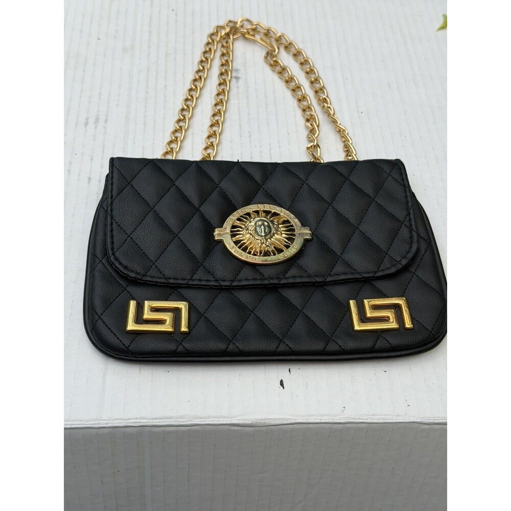Black Quilted Chain Shoulder Bag Gold Sun Medallion Paris New York Tokyo Rome